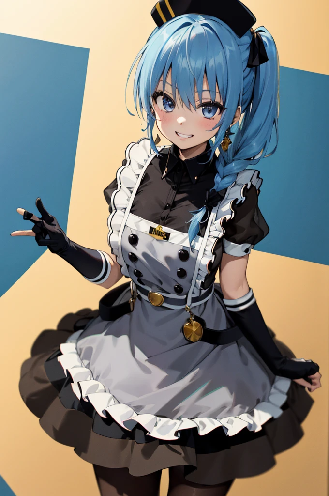 1girl, solo, detailed face, , , SuiseiMaid, long hair, single braid, black nurse cap, double-breasted grey apron, chest belt, elbow gloves, crinoline, (((black pantyhose))),,,,looking viewer,side ponytail,huge breasts,,grin,high heel,