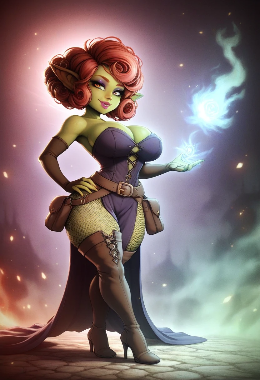 Girl, goblin girl, goblin, green skin, short, short stature, short hair, red hair, curly hair, large breasts, long gloves, thigh boots, pouty lips, masterpiece, best quality, sexy, dynamic pose, 8k, shortstack, sfw, shiny, fantasy, dungeons and dragons, high heels,  fishnets, holding, dark green skin, adventurer, slutty pose, sorcerer, sorceress, pyromancer, fire and ice, magic, fire and ice magic, long detailed slutty colorful dress, thigh pouch, very curly hair, lots of belts, curly hairstyle, lipstick, rosy cheeks, smile, eyeshadow, eye liner, belt on hip, magic, magic dress, very detailed, magic user, puffy lips, bright colors