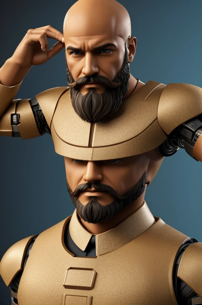 3D image of a doctor with a medium beard and no hair, light tan, with robotic-type clothing, as integrated into the body itself
