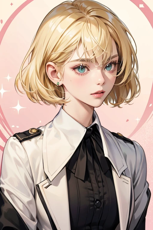 Clara has blonde hair and dark green eyes, and her hair is cut into a short bob that ends in the center of her neck. She wears a white business jacket with a folded collar, and she wears a pink shirt beneath it. SPARKLE; GLITTER