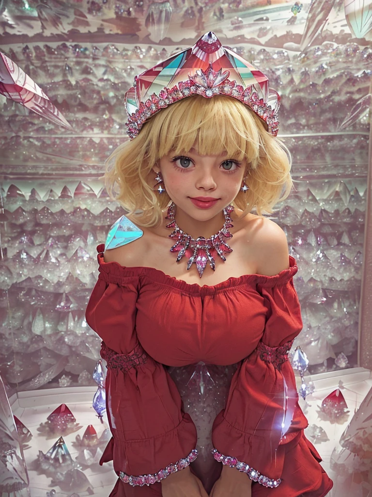 (teen-girl with huge big boobs:1.4), (cute lip:1.1),(red smock:1.4),(blunt bangs:1.2),(happy expression:1.3), (messy medium hair:1.4),(cute girl:1.3),(off-the-shoulder top:1.5) (crystal room :1.8), (blond hair :1.3)