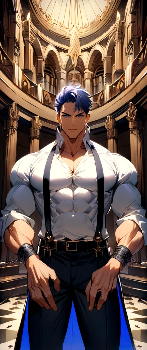 A muscular man with a short haircut is holding a magic wand、Gray Hair、Brown skin、Perfect Eyes、Perfect Face、Wizard、Highest quality、Perfect pectoral muscles、Perfect Abs、manly、Mysterious Library