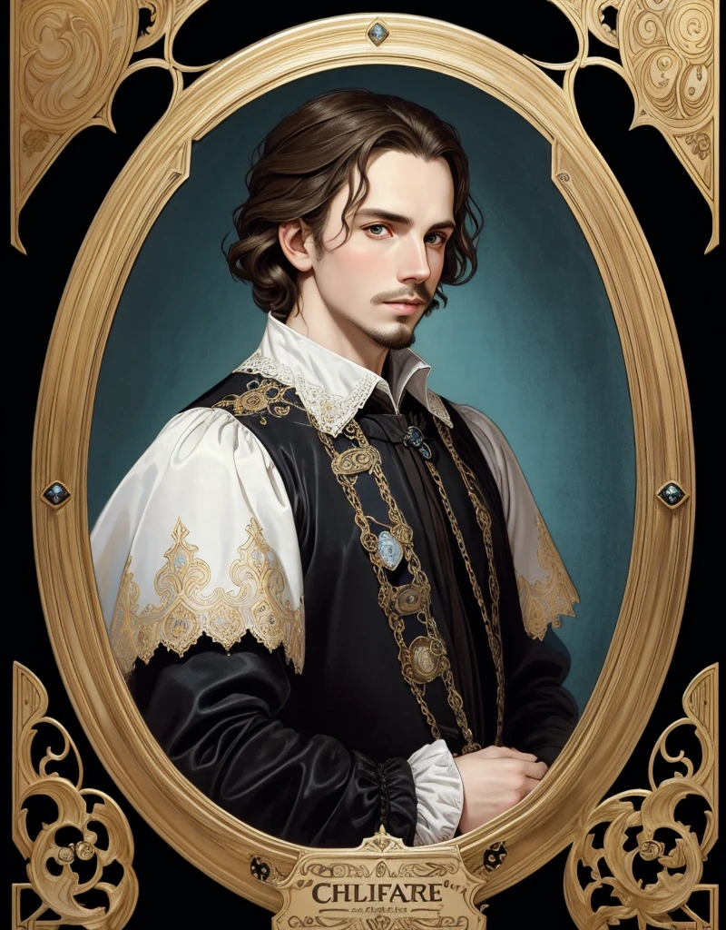 Portrait of Christopher Marlowe, extremely detailed face, white skin, piercing icy blue eyes, silky golden-brown hair, refined features, charp jawline, clean shaved, black Elizabethan velvet jerkin, white laced shirt, Art Nouveau style, Mucha style, Mucha background, realism, high quality