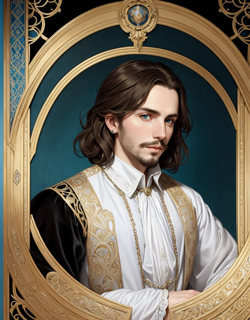Portrait of Christopher Marlowe, extremely detailed face, white skin, piercing icy blue eyes, silky golden-brown hair, refined features, charp jawline, clean shaved, black Elizabethan velvet jerkin, white laced shirt, Art Nouveau style, Mucha style, Mucha background, realism, high quality