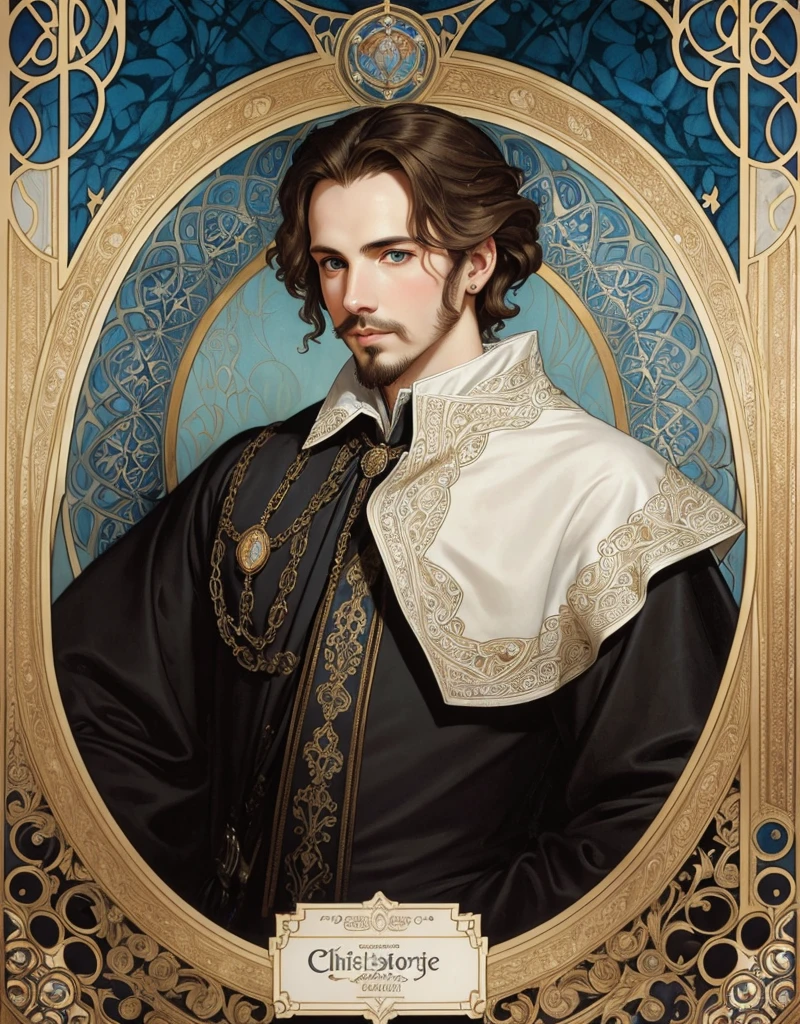 Portrait of Christopher Marlowe, extremely detailed face, white skin, piercing icy blue eyes, silky golden-brown hair, refined features, charp jawline, clean shaved, black Elizabethan velvet jerkin, white laced shirt, Art Nouveau style, Mucha style, Mucha background, realism, high quality