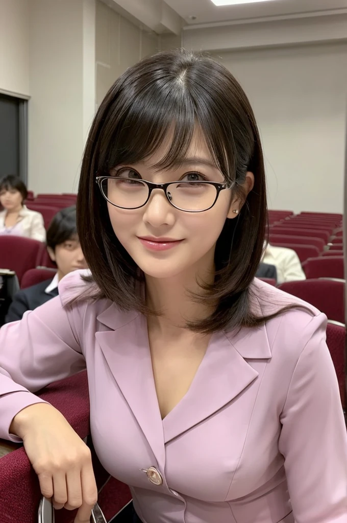 Adult sex appeal、Sexy female scholar、University lecture hall, university psychology associate professor, ((full body)), ((photo)), ((best qualtiy, 8K, tmasterpiece:1.3)), Focus:1.2, perfect figure beautiful woman:1.41woman, cowboy shot, look at viewer, eyes facing the camera, incredibly absurd, beautiful and cute woman with a photorealistic face, showcasing top-quality craftsmanship, A Japanese woman giving a lecture at a university lecture hall, 27 years old, with a bob cut and flipped hair, short bangs swept at an angle, smooth and shiny hair, natural hairline, fair and smooth skin, plump and healthy cheeks, large, jet black eyes, round eyes, long and upward-facing eyelashes, double eyelids, thin and straight eyebrows, small and round nose, plump lips, upturned corners of the mouth, charming smile, cute face, glamorous, well-balanced proportions, tall, beautiful D-cup breasts, silver-rimmed glasses, pink blouse, black tight skirt, fashion with a waist-marked silhouette, scarf, heeled shoes, vanilla perfume, beautiful, pretty older woman, glasses suit her, knowledgeable, playful, curious, smart, elegant, November