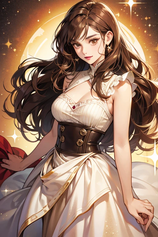 Clara is a fair-skinned young woman with waist-length wavy brown hair that is split on both sides, brilliant amaranth lipstick, and brown eyes SPARKLE; GLITTER