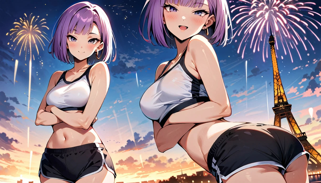 (masterpiece, best quality:1.2), solo, Android 18 from Dragon Ball, ((paste crop sport bra)), (short dolphin shorts, thigh gap), medium breasts, short purple hair loose, ((black eyes)), earrings on earlobes, slender feminine figure, narrow waistline, skinny body, head tilt, looking at viewer, blush, crossed arms, standing, the Eiffel Tower, outside, natural lighting and shadows, magnificent view, blur background, 4K, open mouth, smile, fireworks, sky, blunt bangs,