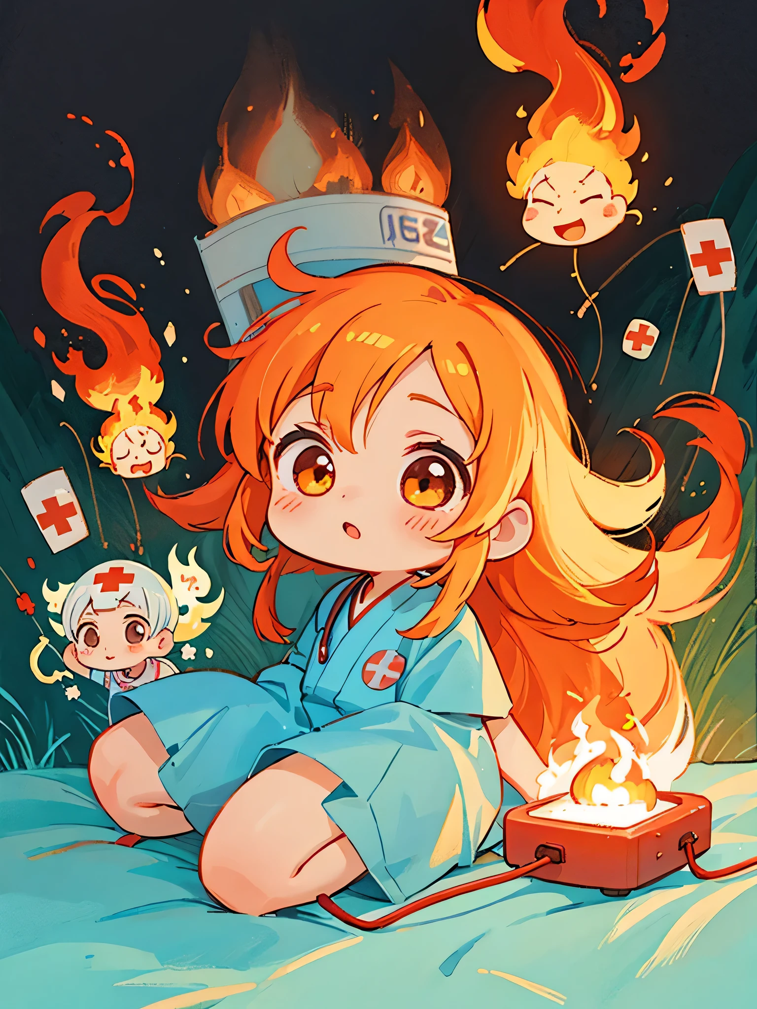 Hayao Mayazaki style, Kawaii Design, The most beautiful girl of all time、chibi, (((fire))), (((hospital)))