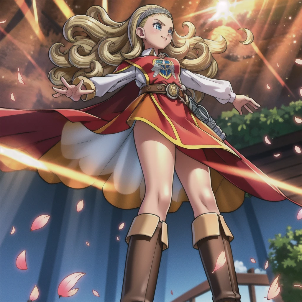 Perfect Biology、DQ10 Anchor, Long Hair, Curly Hair, Blonde, blue eyes, amount, hair band, DQ10 Costumes, Red Cape, Long sleeve, Orange Skirt, boots, break (Small breasts), Amar, beautiful, masterpiece, 8K resolution, Highly detailed face, One Girl, beautiful girl, Adult Girls, 20-year-old, Eye highlights, avert your eyes, smile, Lips parted, blush, break (running:1.1), dynamic, Active movement, the wind is strong, Petals flutter, break anime background, Outdoor, in the forest, garden, Gentle sunlight, ,Translucent skirt,Spread your legs,Angle from directly below,Take off your skirt,Jacket only,Translucent slip,underwearの中に手を入れる,underwear見える, underwear, Look under the skirt,The camera is up her skirt, Crotch close-up