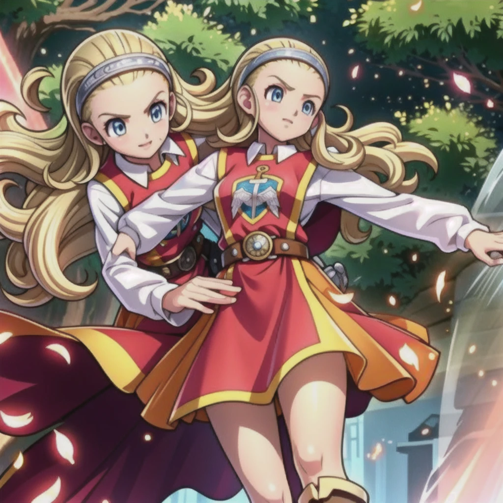 Perfect Biology、DQ10 Anchor, Long Hair, Curly Hair, Blonde, blue eyes, amount, hair band, DQ10 Costumes, Red Cape, Long sleeve, Orange Skirt, boots, break (Small breasts), Amar, beautiful, masterpiece, 8K resolution, Highly detailed face, One Girl, beautiful girl, Adult Girls, 20-year-old, Eye highlights, avert your eyes, smile, Lips parted, blush, break (running:1.1), dynamic, Active movement, the wind is strong, Petals flutter, break anime background, Outdoor, in the forest, garden, Gentle sunlight, ,Translucent skirt,Spread your legs,Angle from directly below,Take off your skirt,Jacket only,Translucent slip,underwearの中に手を入れる,underwear見える, underwear, Look under the skirt,The camera is up her skirt, Crotch close-up