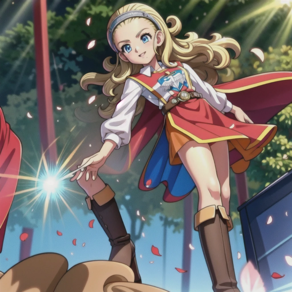 Perfect Biology、DQ10 Anchor, Long Hair, Curly Hair, Blonde, blue eyes, amount, hair band, DQ10 Costumes, Red Cape, Long sleeve, Orange Skirt, boots, break (Small ), Amar, beautiful, masterpiece, 8K resolution, Highly detailed face, One Girl, beautiful girl, Adult Girls, 20-year-old, Eye highlights, avert your eyes, smile, Lips parted, blush, break (running:1.1), dynamic, Active movement, the wind is strong, Petals flutter, break anime background, Outdoor, in the forest, garden, Gentle sunlight, ,Translucent skirt,Spread your legs,Angle from directly below,Take off your skirt,Jacket only,Translucent slip,underwearの中に手を入れる,見える, , Look under the skirt,The camera is up her skirt,  close-up