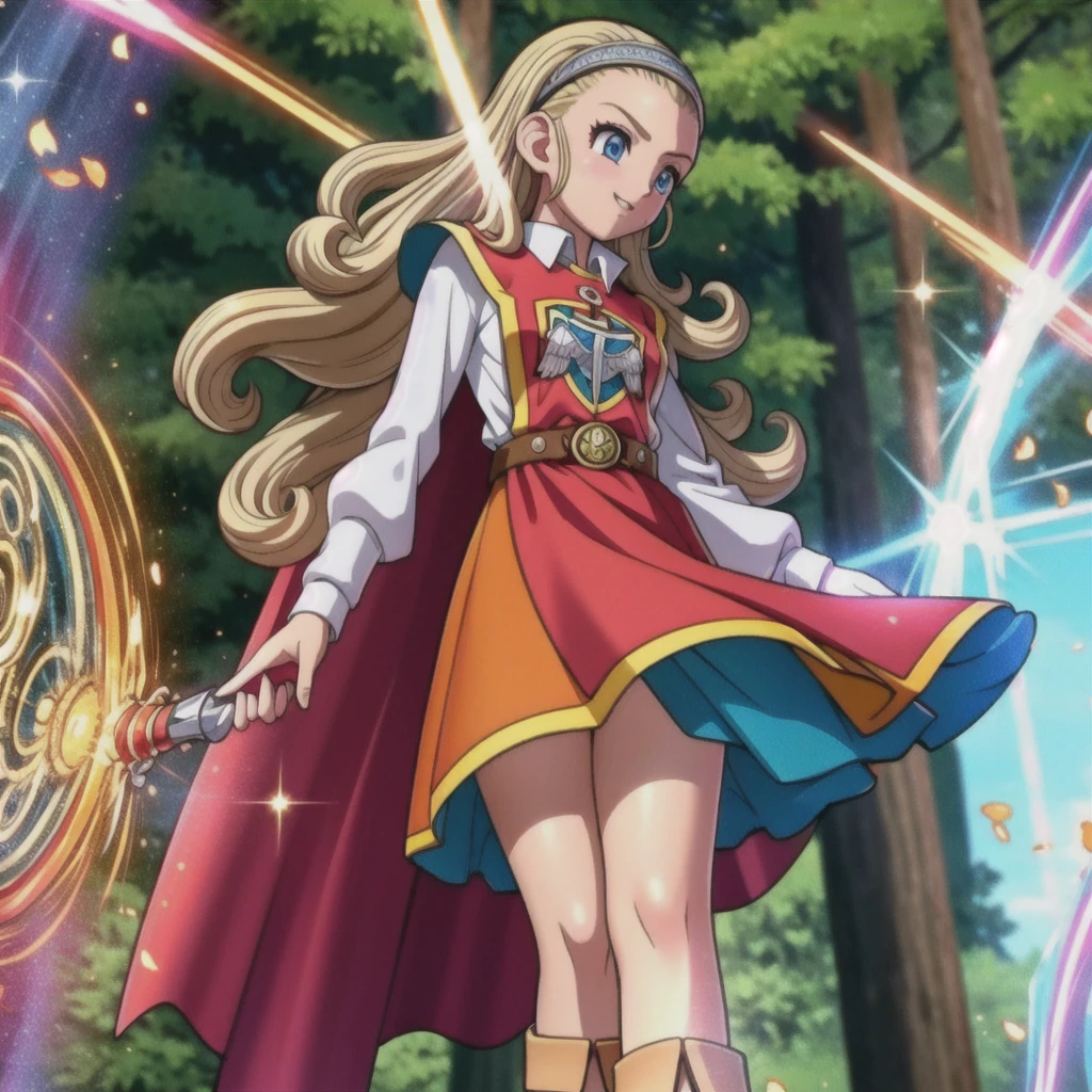 Perfect Biology、DQ10 Anchor, Long Hair, Curly Hair, Blonde, blue eyes, amount, hair band, DQ10 Costumes, Red Cape, Long sleeve, Orange Skirt, boots, break (Small breasts), Amar, beautiful, masterpiece, 8K resolution, Highly detailed face, One Girl, beautiful girl, Adult Girls, 20-year-old, Eye highlights, avert your eyes, smile, Lips parted, blush, break (running:1.1), dynamic, Active movement, the wind is strong, Petals flutter, break anime background, Outdoor, in the forest, garden, Gentle sunlight, ,Translucent skirt,Spread your legs,Angle from directly below,Take off your skirt,Jacket only,Translucent slip,underwearの中に手を入れる,underwear見える, underwear, Look under the skirt,The camera is up her skirt, Crotch close-up