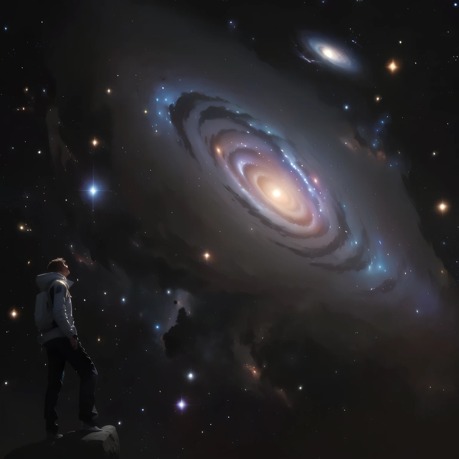 Image of a person, standing on a stone and looking at the galaxy, looking into space, next to the galaxy, looking into space, lost in the vastness of space, standing in outer space, huge cosmic scale, A cosmic creature of enormous proportions, in space, in the universe.very realistic, Holding on to the galaxy, huge space