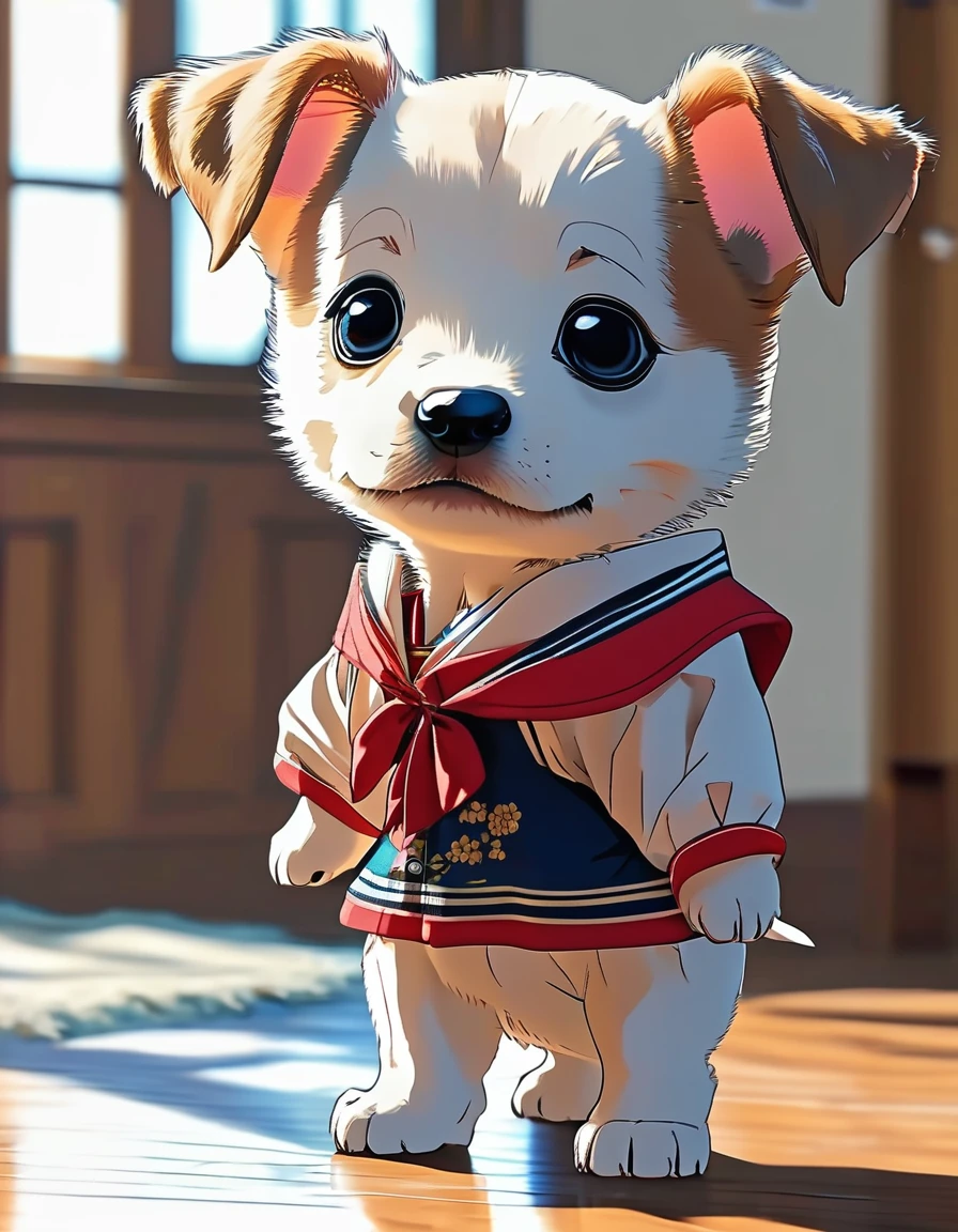 A cute baby puppy standing up facing forward(Make it anime style)Wearing clothes、dance