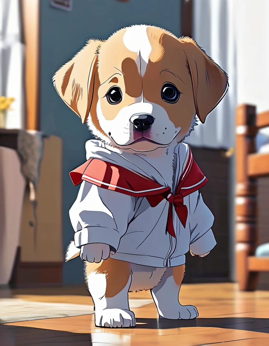 A cute baby puppy standing up facing forward(Make it anime style)Wearing clothes、dance
