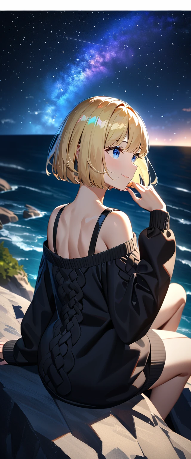 (((a beautiful starry sky, the Milky Way shining beautifully in the night))), ((bare legs)), (((sunglasses, hand to sunglasses))), ((Aran sweater)), ((((from back)))), upper body, ((sitting on the very high cliff)), wavy hair, inward curled hair, sea, beach, ((blond hair, bob cut:1.3)), breasts, teenager, (looking at another), oversized clothes, puffy long sleeves, ((off-shoulder sweater:1.3, Quite thick shoulder straps)), ((black sweater)), collarbone, head tilt:1.3, (((blue eyes))), happy smile, (((anime style))), (best quality, 4K, 8K, highres, masterpiece:1.2, ultra-detailed, ultra-detailed eyes, HDR, uhd, studio lighting, ultra-fine painting, sharp focus, physically-based rendering, extreme detail description, professional, vivid colors, bokeh)