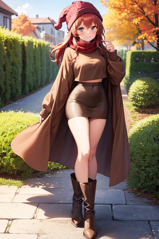 1girl, woman, brown long sleeved shirt, crop top, tight midi pencil skirt black, long length pencil skirt, long red hair, looking at viewer, full body, smile, blush, boots, garden, fall, leaves, beanie, red scarf