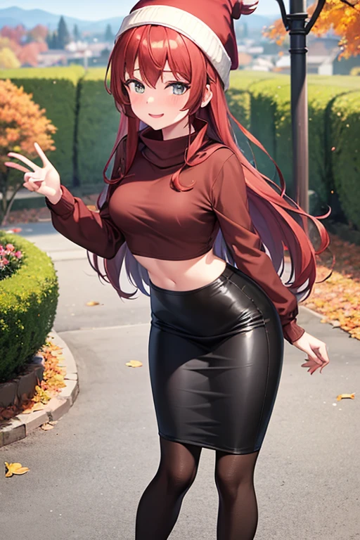 1girl, woman, brown long sleeved shirt, crop top, tight midi pencil skirt black, long length pencil skirt, long red hair, looking at viewer, full body, smile, blush, boots, garden, fall, leaves, beanie, red scarf