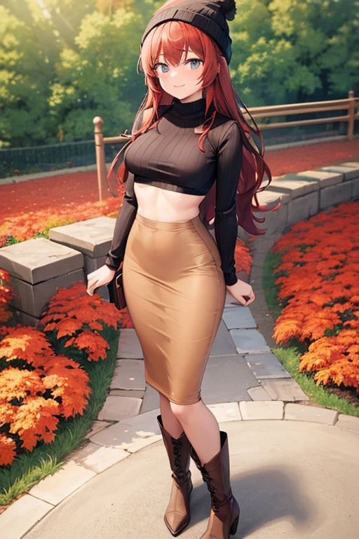 1girl, woman, brown long sleeved shirt, crop top, tight midi pencil skirt black, long length pencil skirt, long red hair, looking at viewer, full body, smile, blush, boots, garden, fall, leaves, beanie, red scarf