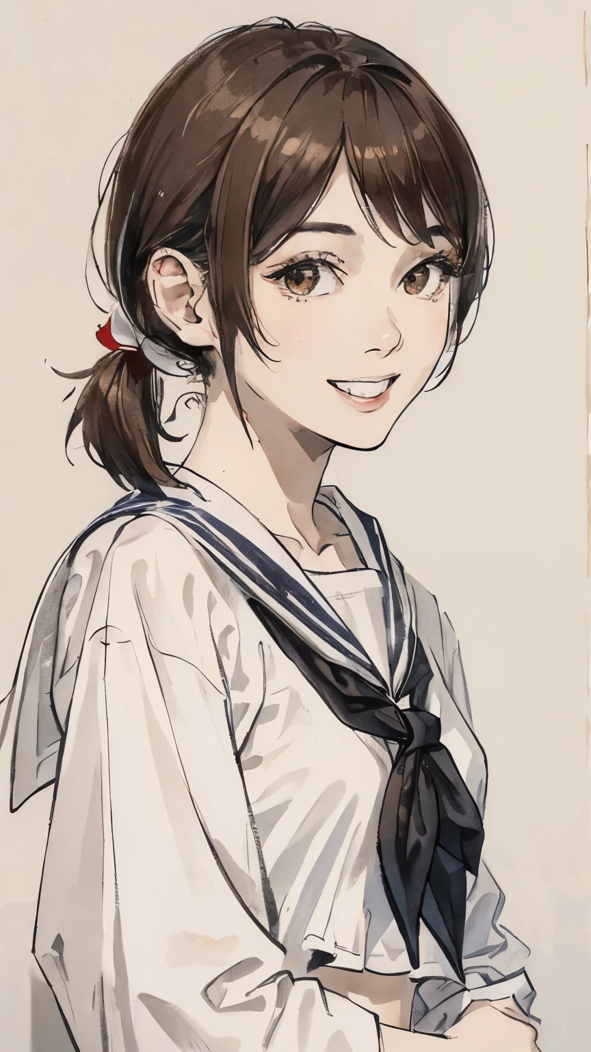 (Highest quality、8K、32k、masterpiece)、(Realistic)、(Realistic:1.2)、(High resolution)、Very detailed、Very beautiful face and eyes、1 Girl、Round and small face、Tight waist、Delicate body、(Highest quality、Attention to detail、Rich skin detail)、(Realistic、Realistic:1.37)、Bright colors、(((Brown Hair)))、(((Upper Body Shot)))、(((Short Ponytail)))、(((Fair skin)))、(((White wall background)))、(((White wall background)))、(((smile)))、((A happy look))、(((Teeth are visible)))、(((Touching my cheek)))、(((Wearing a sailor uniform)))、(((short hair))、