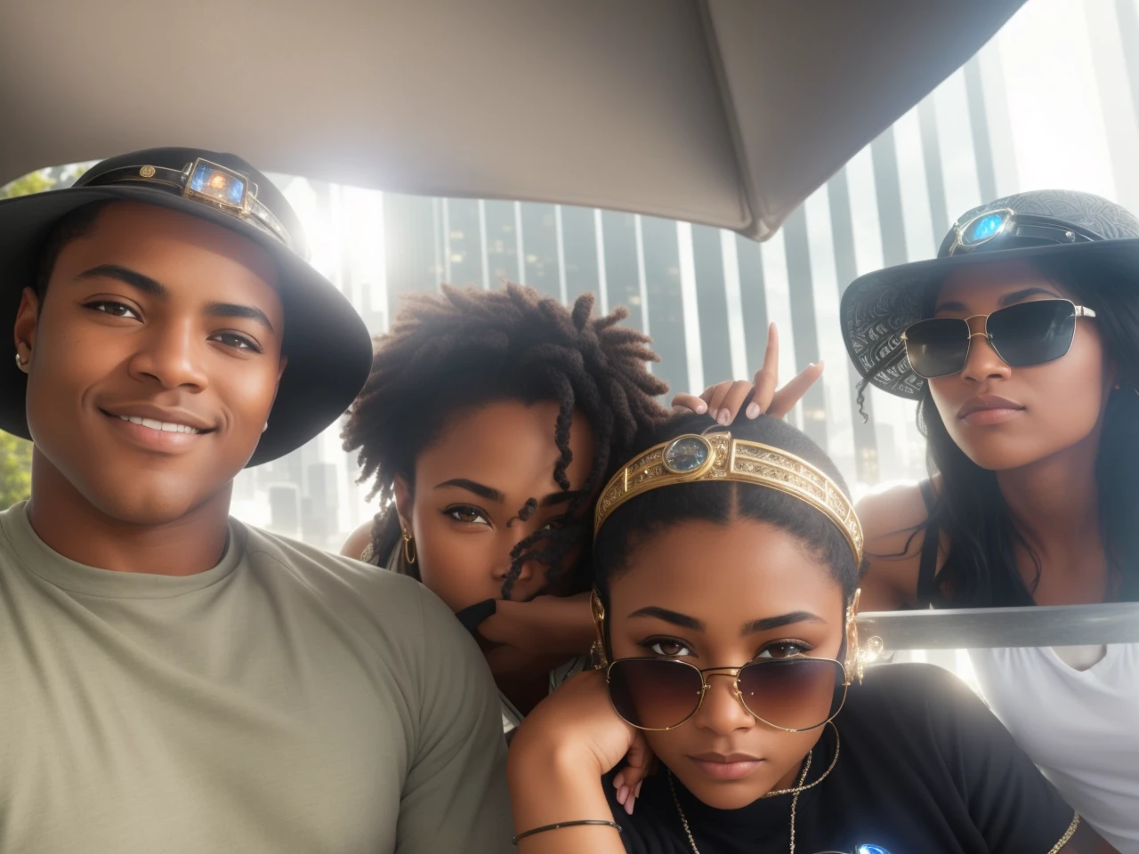 a strong mixed-raced melanin male with mongloid female family made out of sapphire, (Cyborg:1.1), , (Intricate details), hdr, (Intricate details, ultra - detailed:1.2), cinema shot, Vignette, Centered, sunset between mountains