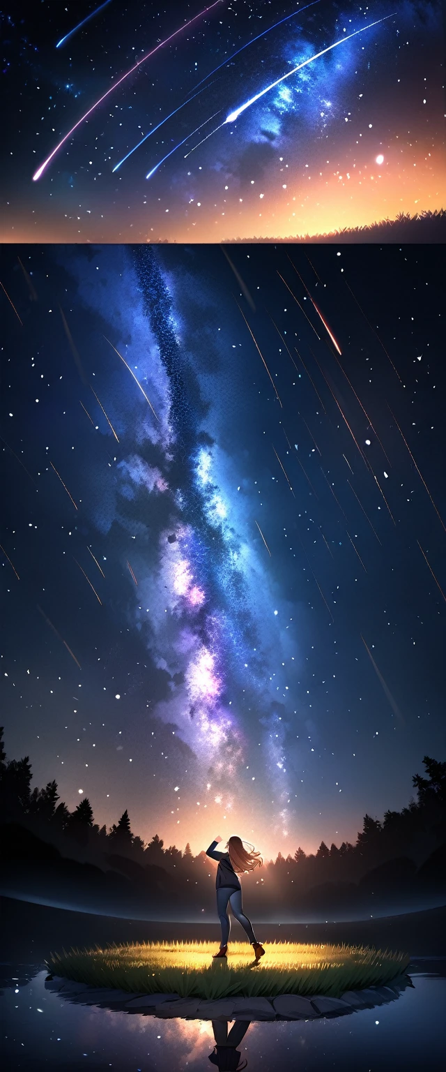 (((A meteor shower dancing in the night sky, countless stars twinkling in the clear air, a beautiful starry sky, the Milky Way shining beautifully in the night))), grass field, (best quality, 4K, 8K, highres, masterpiece:1.2, ultra-detailed, HDR, uhd, studio lighting, ultra-fine painting, sharp focus, physically-based rendering, extreme detail description, professional, vivid colors, bokeh)