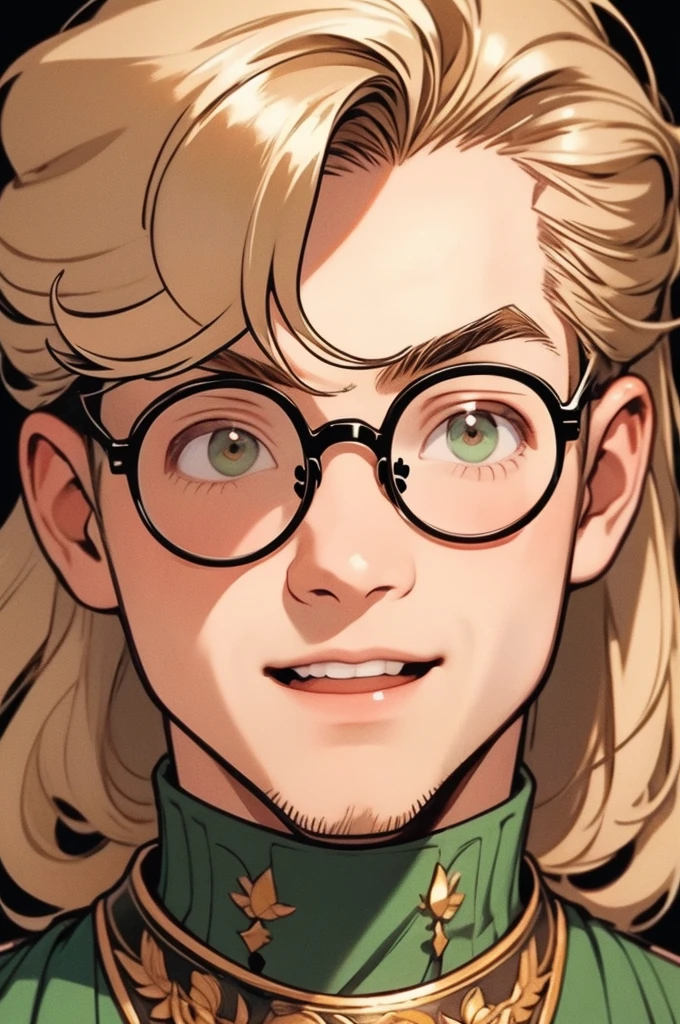 [32k, 8k, very detailed image, masterpiece], young man, naturally handsome, 23 years old, medium-length blond hair, light brown eyes, large round glasses, [looking fixedly at the viewer], shaved beard, adventurous colored clothing olive, guild background, [[naive expression]], laughter 1.5