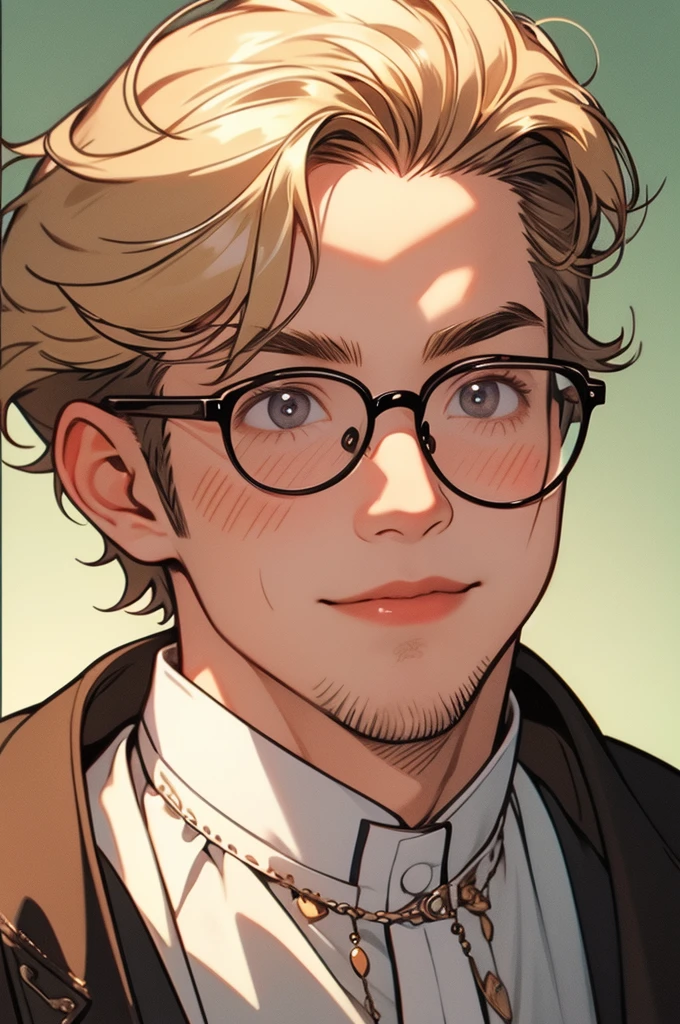 [32k, 8k, very detailed image, masterpiece], young man, naturally handsome, 23 years old, medium-length blond hair, light brown eyes, large round glasses, [looking fixedly at the viewer], shaved beard, adventurous colored clothing olive, guild background, [[naive expression]], laughter 1.5