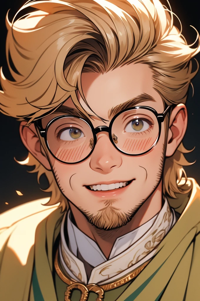 [32k, 8k, very detailed image, masterpiece], young man, naturally handsome, 23 years old, medium-length blond hair, light brown eyes, large round glasses, [looking fixedly at the viewer], shaved beard, adventurous colored clothing olive, guild background, [[naive expression]], laughter 1.5