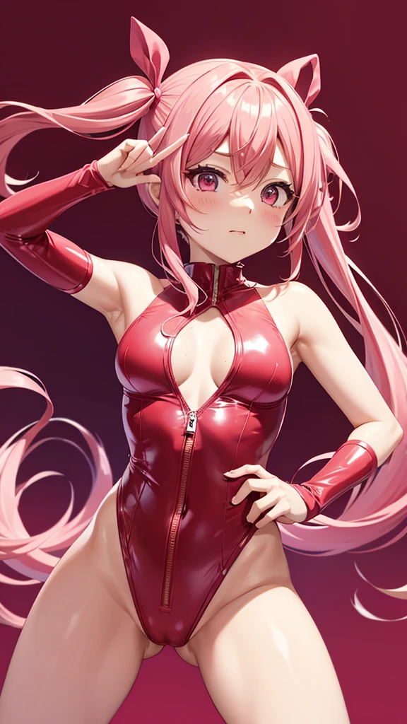 Erotic、Shihodo Narika、Pink Hair、Twin tails up to the shoulders、No sleeve、Shoulder、Red rubber suit、Red Leotard、Super Subaru Flash Ninja Haruka、Ninja costume unbuttoned、Pink Background、Bedroom