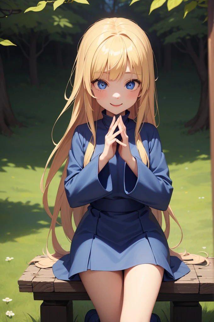 masterpiece, taller than,Very detailed, Absurd, Witch P123,One girl,  alone, Blonde, Long Hair,  blue eyes, Blue Boots, Blue clothes, Long sleeve,Have,in the forest,  ojou-sama pose,smile,Open your mouth,