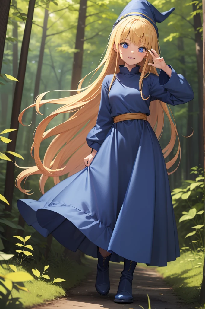 masterpiece, taller than,Very detailed, Absurd, Witch P123,One girl,  alone, Blonde, Long Hair,  blue eyes, Blue Boots, Blue clothes, Long sleeve,Have,in the forest,  ojou-sama pose,smile,Open your mouth,