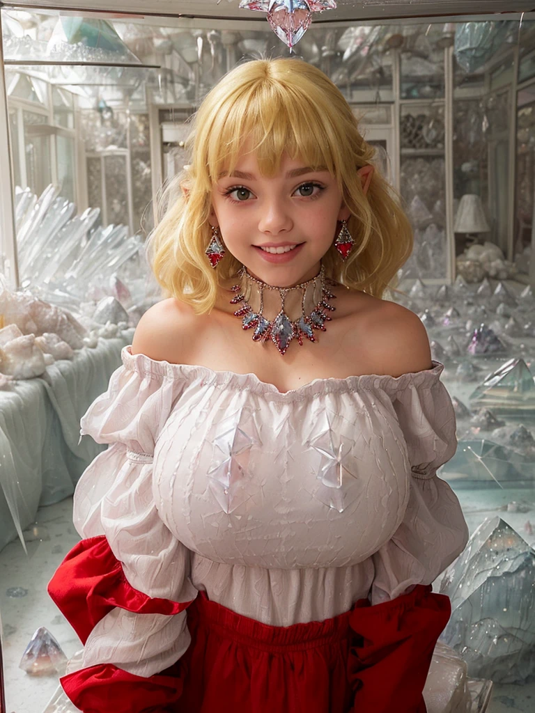 (teen-girl with huge big boobs:1.4), (cute lip:1.1),(red smock:1.4),(blunt bangs:1.2),(happy expression:1.3), (messy medium hair:1.4),(cute girl:1.3),(off-the-shoulder top:1.5) (crystal room :1.5), (blond hair :1.3)