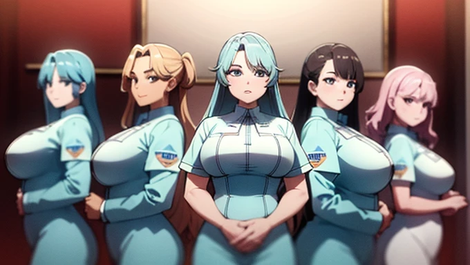 a masterpiece photo of 5 beautiful plump cyan-haired sisters with long fluffy-layered hair, cyan haired sisters, different hair colors, matching hairstyles, hazel eyes, big And round bust, matching uniforms, serious, flat color, same height, organized pose, back to back, best quality, 4k, 8k, highres, masterpiece:1.2, ultra-detailed, realistic, photorealistic, photo-realistic:1.37, HDR, UHD, studio lighting, ultra-fine painting, sharp focus, physically-based rendering, extreme detail description, professional, vivid colors, bokeh