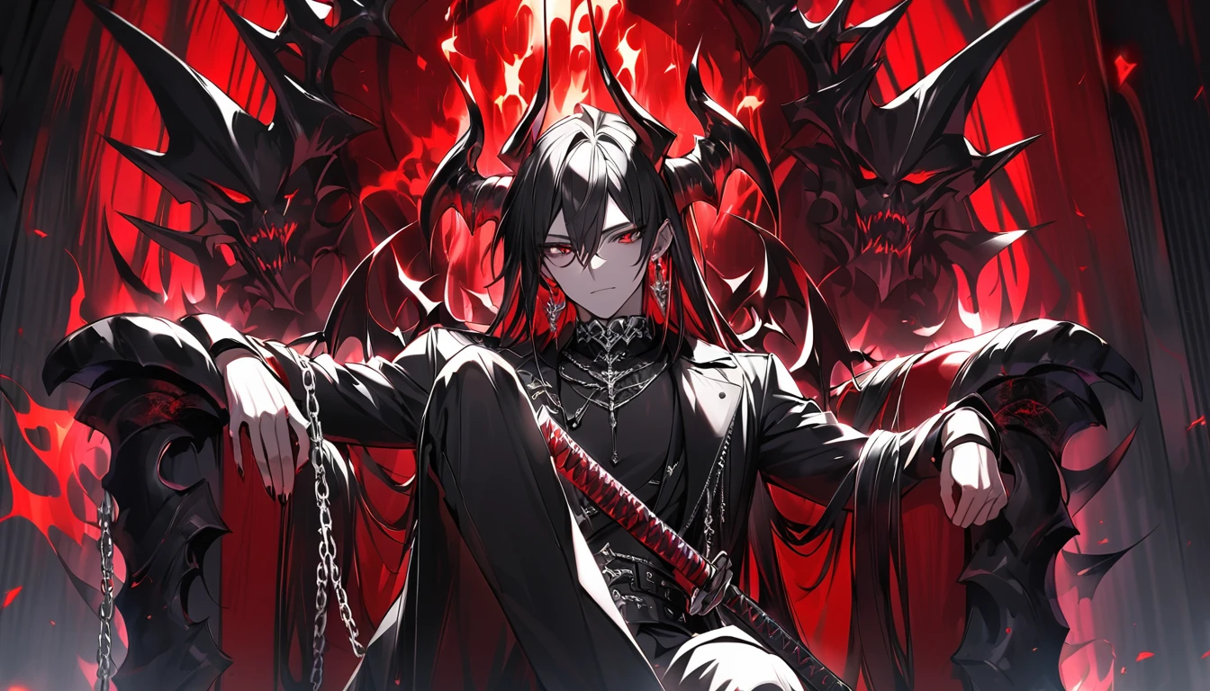 alone, good looking, 1 male, Long hair, Middle parted, Black hair, Red eyes, Black shirt, White Thailand, Black Trench Coat, Royal Silver Jewellery, Royal Demon Earrings, Black horns, Demon Crown, Demonic Katana, sitting on demonic throne