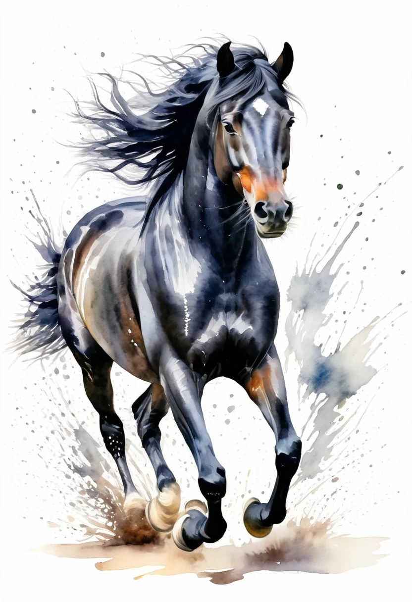 Running black horse watercolor、perspective from the front,Intense inertia,Hair Details,Pastel watercolor splashes behind ,White Background,Artistic image