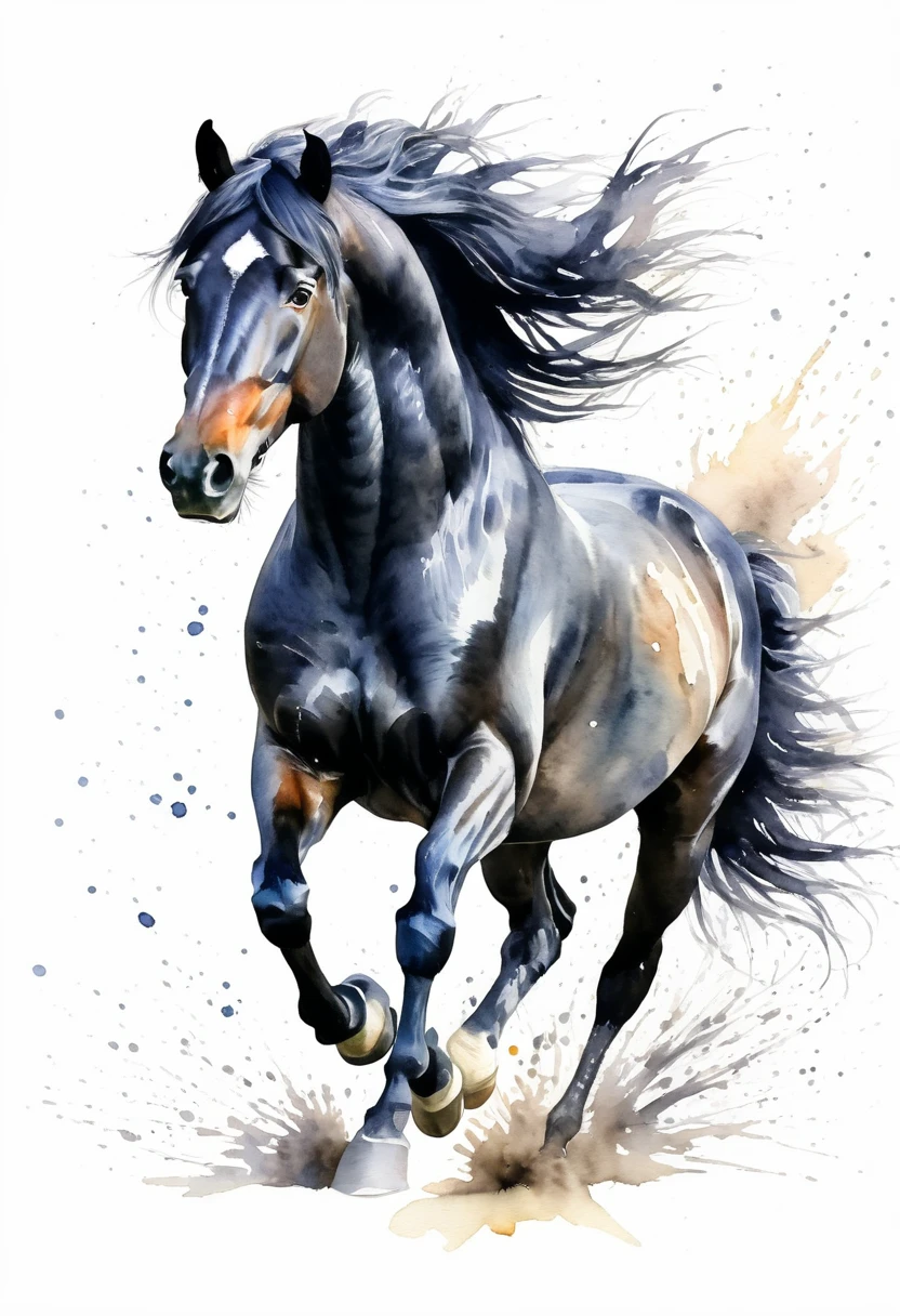 Running black horse watercolor、perspective from the front,Intense inertia,Hair Details,Pastel watercolor splashes behind ,White Background,Artistic image