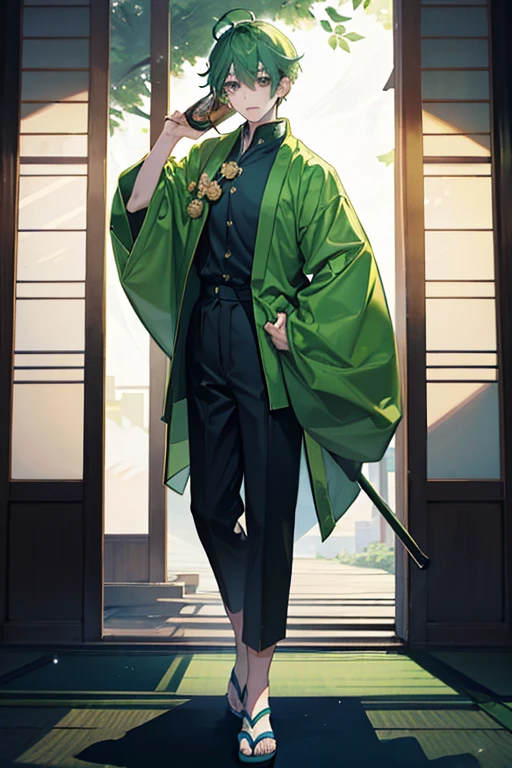 One Man、Standing man、Green Hair、Short Hair、Wearing a shirt、Wearing Japanese clothing、Wearing a hakama、Wearing sandals、Scholar
