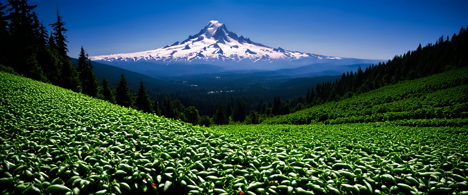 Realistic,Very realistic,Extreme Detail,mt hood oregon,Breathtakingly realistic,High contrast realism,High Saturation Realism,Vibrant colors, Chilis, Red peppers, basil, Dramatic lighting,Fascinating landscape,Persuasive storytelling,Atmospheric scenery,Captivating visuals,Intricate details,Strong emotions,Heavenly Beauty,A dreamlike world
