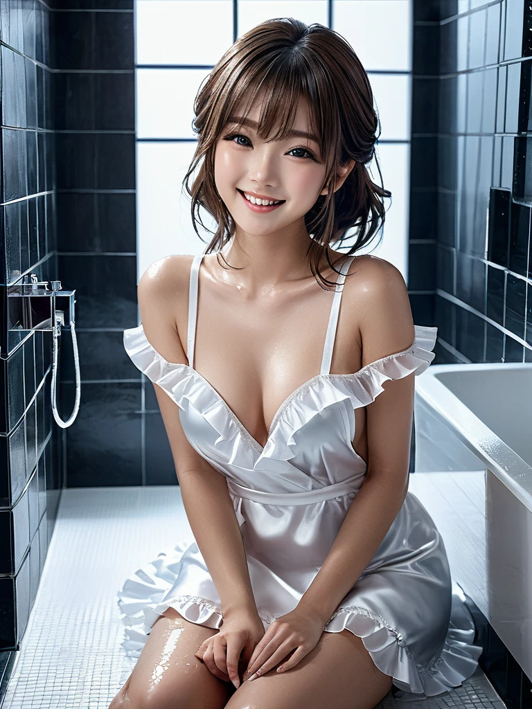 product quality, 1girl, full body shot, front view, a Japanese young pretty girl, shoulder length hair, wearing only a silky satin white apron with white frills over her naked body with a big smile, taking a shower in a luxury shower room, glamorous figure, wet hair, wet body, busty, hyper cute face, glossy lips, double eyelids in both eyes, natural makeup, long eyelashes, shiny smooth light brown hair, asymmetrical bangs, fair skin, central image, high resolution, high detail, detailed hairstyle, detailed face, cinematic lighting, octane rendering, vibrant, hyper realistic, perfect limbs, perfect anatomy