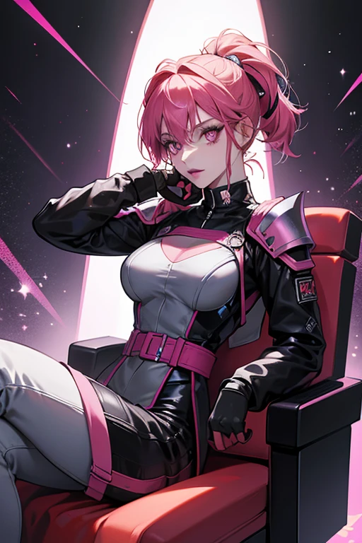 Startrain had a very robotic and angled appearance, with most of her body being covered in armor and a black skintight suit underneath. The armor itself was primarily a blueish chrome, comprised of a seat, chest plate, gloves and a helmet reminiscent of a race car driver, complete with a red, angled visor. Her outfit was also styled with bright red and pink accents around the sleeves, waist and parts of her helmet. The deadman switch holding her akuma changed into a full arm attachment, confining her right arm to the console at all times. Her chair also provided the same limitations, restricting her movement. Underneath the armor, Startrain had a deep magenta skin tone and black lipstick, with her lower face being the only part visible SPARKLE; GLITTER