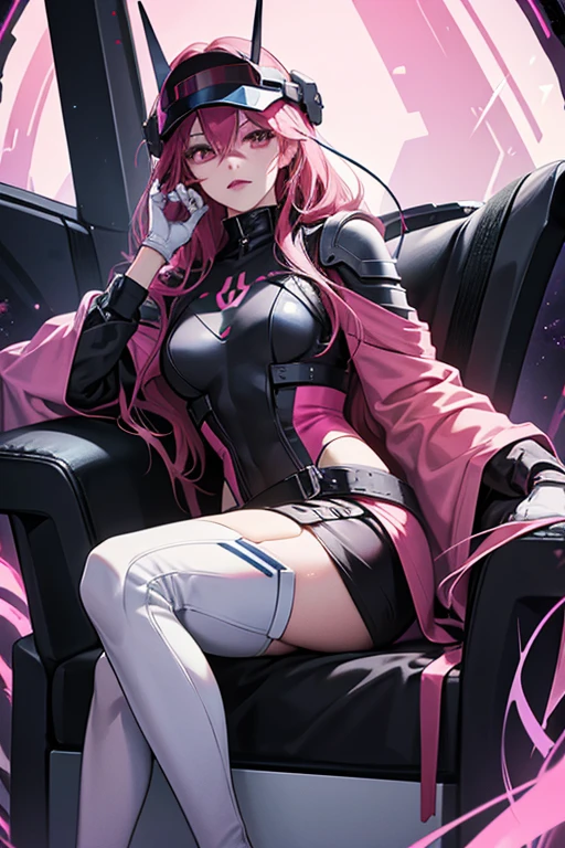 Startrain had a very robotic and angled appearance, with most of her body being covered in armor and a black skintight suit underneath. The armor itself was primarily a blueish chrome, comprised of a seat, chest plate, gloves and a helmet reminiscent of a race car driver, complete with a red, angled visor. Her outfit was also styled with bright red and pink accents around the sleeves, waist and parts of her helmet. The deadman switch holding her akuma changed into a full arm attachment, confining her right arm to the console at all times. Her chair also provided the same limitations, restricting her movement. Underneath the armor, Startrain had a deep magenta skin tone and black lipstick, with her lower face being the only part visible SPARKLE; GLITTER