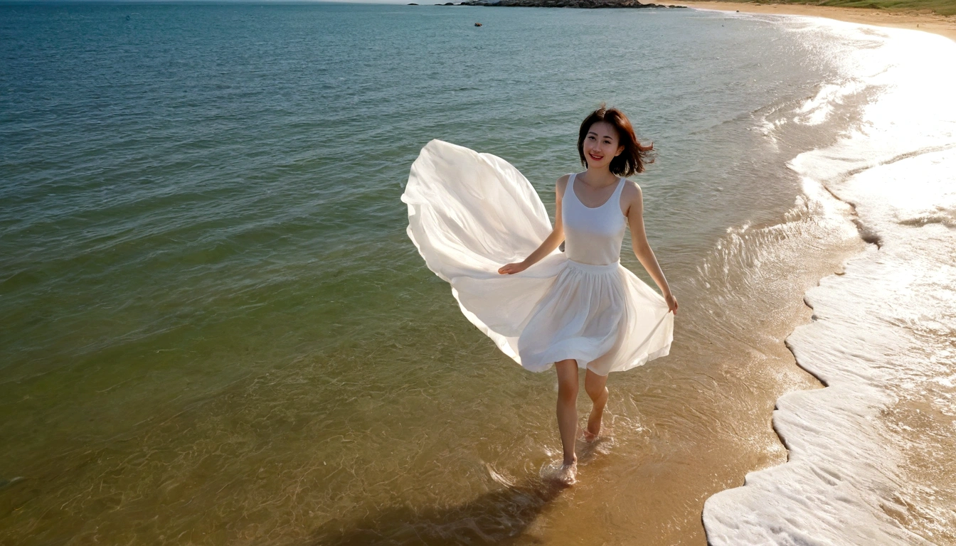 sunset on the beach，바다에 잔광이 비치네sunset on the beach 붉은 태양，A strong lingering scent is reflected in the sea., Beautiful 36-year-old short Korean woman, Chest size 34 inches, Wear sleeveless, light skirt. beautiful pretty woman look , wearing a light skirt , Go far into the sea water and dip your toes., Short medium hair blowing in the wind, 1 short woman, beautiful eyes, a little smile, Full-body photo taken from afar with a wide-angle lens, The background is clean and perfect., waves moved by the wind, best high definition, The facial contour is perfect