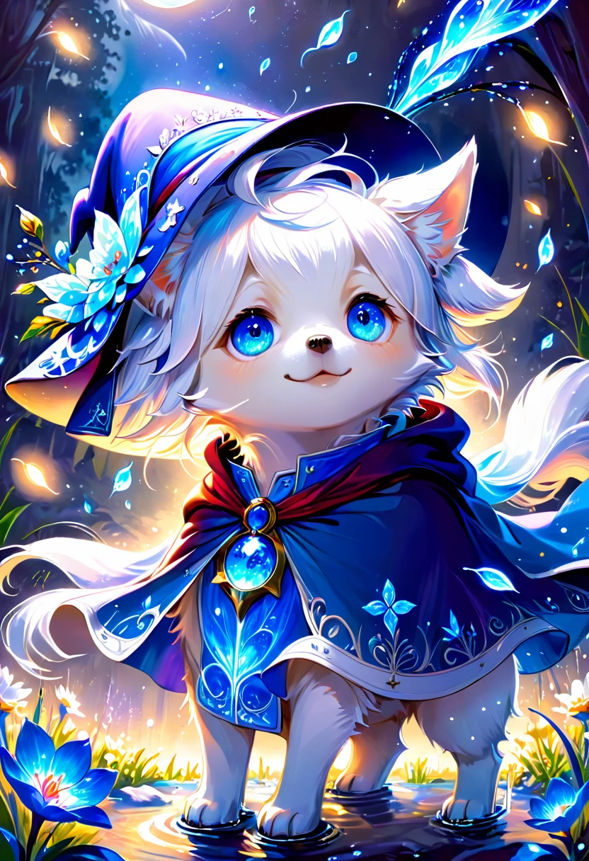 absurdres, highres, ultra detailed, HDR, master piece, small dog, white dog, expressive blue eyes, magical hat, cute, best quality, blue moon, flowers, fantasy, magical, solo, water, blue shining fireflies, blue petals, cape, the word "Krozseria" is written on his shirt