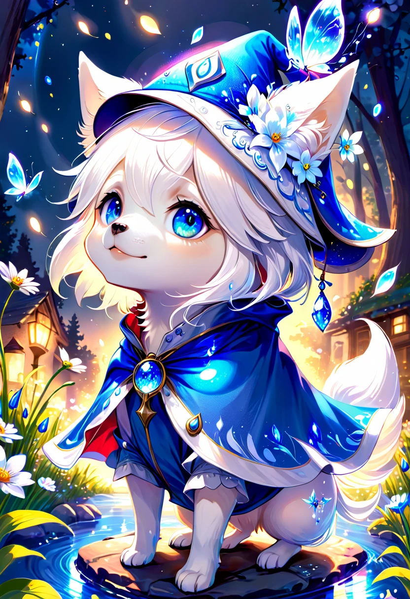 absurdres, highres, ultra detailed, HDR, master piece, small dog, white dog, expressive blue eyes, magical hat, cute, best quality, blue moon, flowers, fantasy, magical, solo, water, blue shining fireflies, blue petals, cape, the word "Krozseria" is written on his shirt