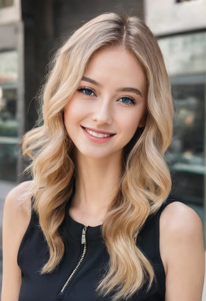 26 year old white woman、Hair color is blonde、Hair is wavy、Eye color is blue、Longhaire、A slender、a smile、Wearing a high neck zipper up top、I'm wearing leggingy abs are cracked、A slender but well-proportioned muscular man、I'm wearing pin heels、Standing in a cobblestone alley in the old town、a smile、Head-on perspective、accessories on the wrist、I'm wearing high leg shorts
