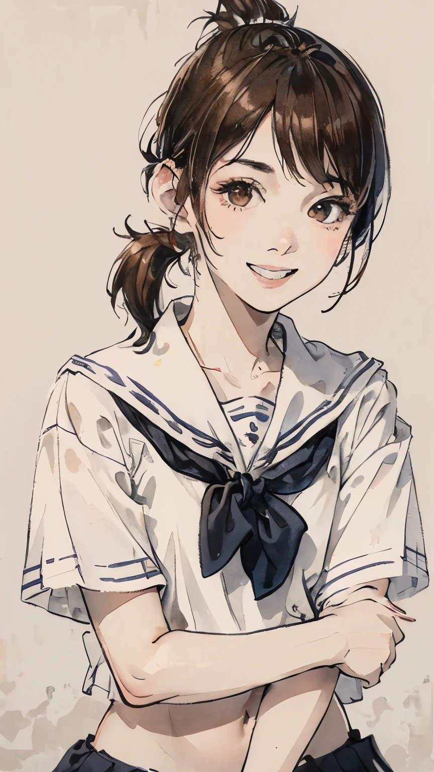 (Highest quality、8K、32k、masterpiece)、(Realistic)、(Realistic:1.2)、(High resolution)、Very detailed、Very beautiful face and eyes、1 Girl、Round and small face、Tight waist、Delicate body、(Highest quality、Attention to detail、Rich skin detail)、(Realistic、Realistic:1.37)、Bright colors、(((Brown Hair)))、(((Upper Body Shot)))、(((Short Ponytail)))、(((Fair skin)))、(((White wall background)))、(((White wall background)))、(((smile)))、((A happy look))、(((Teeth are visible)))、(((Touching my cheek)))、(((Wearing a sailor uniform)))、(((short hair))、