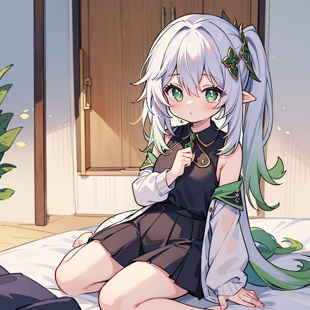 ((masterpiece)), ((Best Quality)), (Ultra-detailed), Anime style, Cute , 1girl in, Solo, 8k, sitting on the bed , no pant