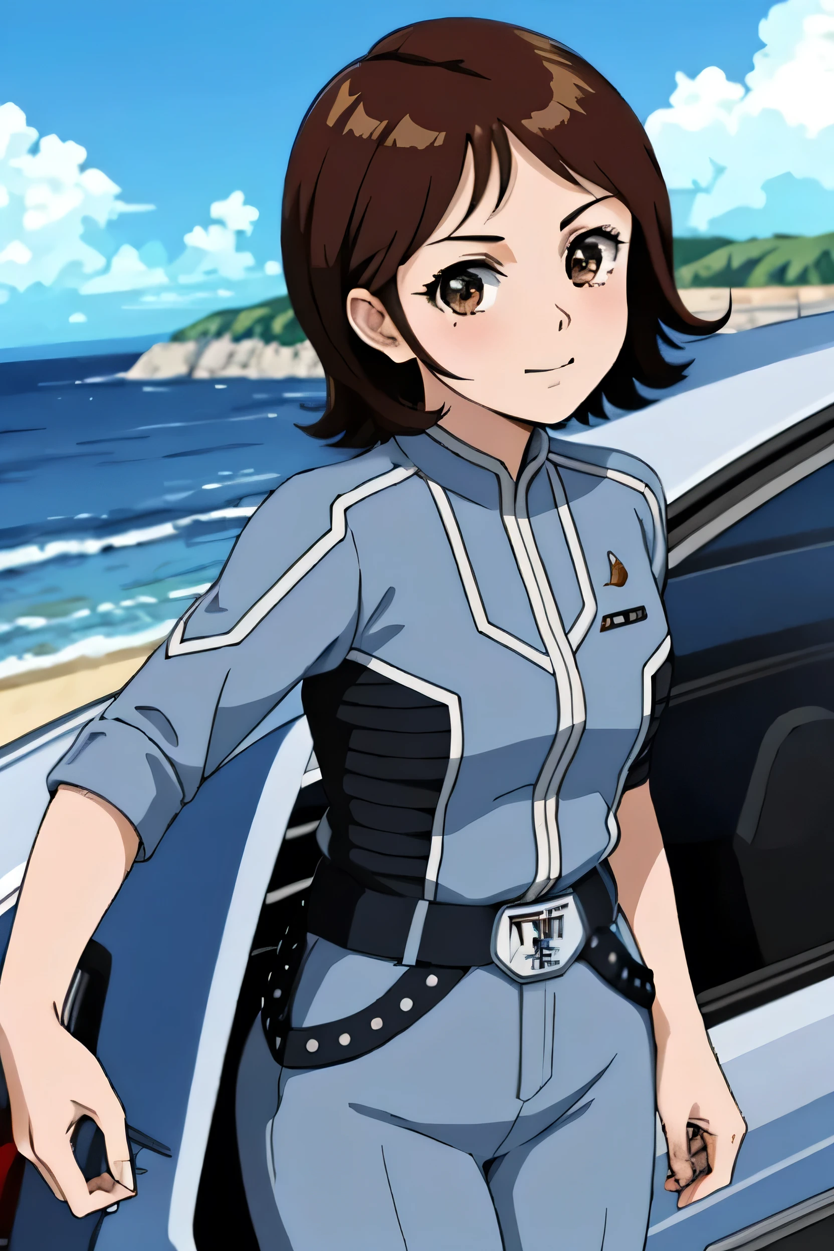 masterpiece, Highest quality, alone,One girl,View your viewers,Outdoor, Cowboy Shot,Ocean,Anime Style, Ann, car, Security guard car, Pointer